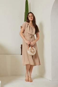 A wholesale clothing model wears new10208-modal-fabric-shawl-collar-women's-summer-dress-mink, Turkish wholesale Dress of Newgirl