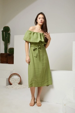 A wholesale clothing model wears new10209-modal-fabric-shawl-collar-women's-summer-dress-khaki, Turkish wholesale Dress of Newgirl