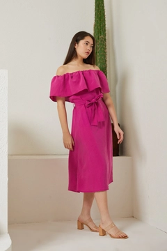 A wholesale clothing model wears new10210-modal-fabric-shawl-collar-women's-summer-dress-fuchsia, Turkish wholesale Dress of Newgirl
