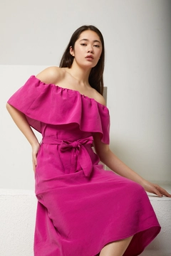A wholesale clothing model wears new10210-modal-fabric-shawl-collar-women's-summer-dress-fuchsia, Turkish wholesale Dress of Newgirl
