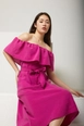 A wholesale clothing model wears new10210-modal-fabric-shawl-collar-women's-summer-dress-fuchsia, Turkish wholesale  of 