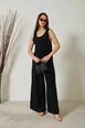 A wholesale clothing model wears new10211-asymmetrical-back-detail-tank-collar-waist-elastic-trousers-women's-summer-suit-black, Turkish wholesale  of 