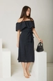 A wholesale clothing model wears new10207-modal-fabric-shawl-collar-women's-summer-dress-black, Turkish wholesale  of 