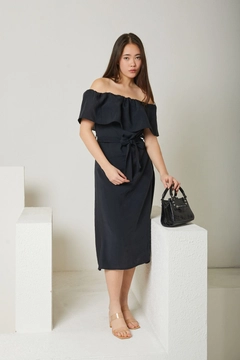 A wholesale clothing model wears new10207-modal-fabric-shawl-collar-women's-summer-dress-black, Turkish wholesale Dress of Newgirl