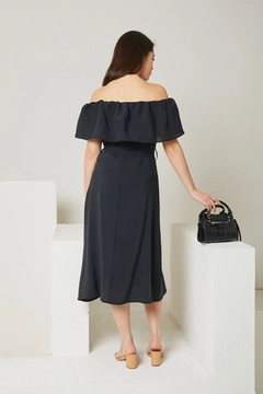 A wholesale clothing model wears new10207-modal-fabric-shawl-collar-women's-summer-dress-black, Turkish wholesale Dress of Newgirl