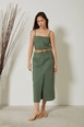 A wholesale clothing model wears new10225-lycra-poplin-fabric-strap-belted-women's-dress-khaki, Turkish wholesale  of 