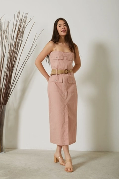 A wholesale clothing model wears new10226-lycra-poplin-fabric-strap-belted-women's-dress-powder, Turkish wholesale Dress of Newgirl