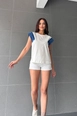 A wholesale clothing model wears new10249-cotton-fabric-crew-neck-women's-with-denim-detail-ecru, Turkish wholesale  of 