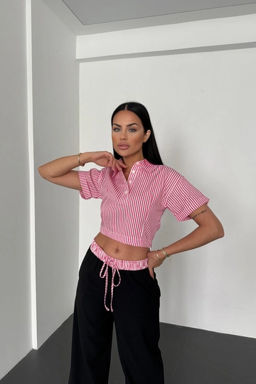 A wholesale clothing model wears  Shirt Collar Stripe Pattern Top Wide Leg Elastic Bottom Set - Fuchsia & Black
, Turkish wholesale Suit of Newgirl
