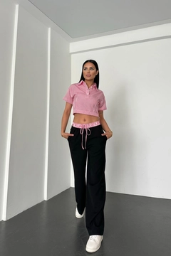 A wholesale clothing model wears new10258-shirt-collar-stripe-pattern-top-wide-leg-elastic-bottom-set-fuchsia-&-black, Turkish wholesale Suit of Newgirl