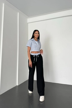 A wholesale clothing model wears new10260-shirt-collar-stripe-pattern-top-wide-leg-elastic-bottom-set-blue-&-black, Turkish wholesale Suit of Newgirl