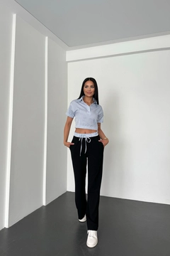 A wholesale clothing model wears new10260-shirt-collar-stripe-pattern-top-wide-leg-elastic-bottom-set-blue-&-black, Turkish wholesale Suit of Newgirl