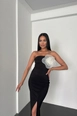A wholesale clothing model wears new10268-strapless-slit-floral-detail-dress-black, Turkish wholesale  of 