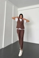 A wholesale clothing model wears new10272-loose-cut-trousers-front-vest-detailed-crew-neck-suit-brown, Turkish wholesale  of 