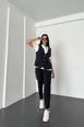 A wholesale clothing model wears new10273-loose-cut-trousers-front-vest-detailed-crew-neck-suit-black, Turkish wholesale  of 
