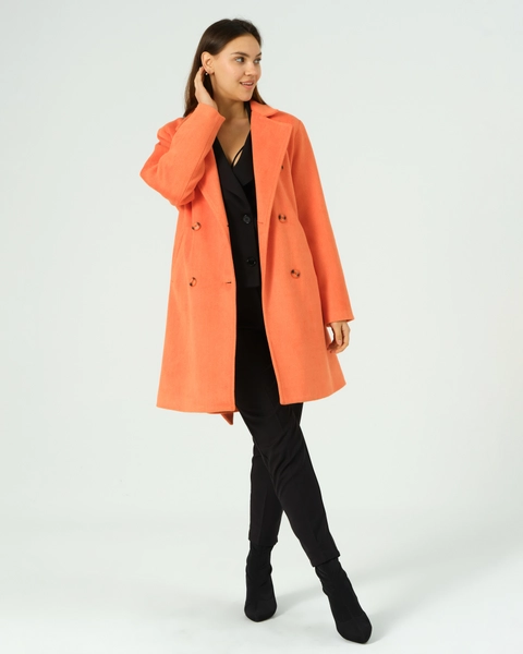 A model wears 40712 - COAT-ORANGE, wholesale Coat of Offo to display at Lonca