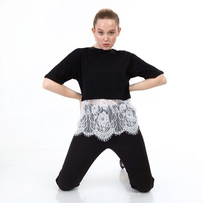 Ouz Fashion Black And White Lace T Shirt Wholesale Clothing Casual
