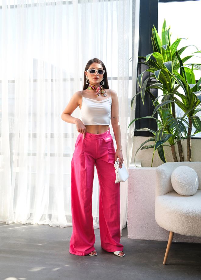 Ouz Fashion Pantalones Palazzo Drapeados Con Detalles De Botones De Lino Ropa al por mayor Casual