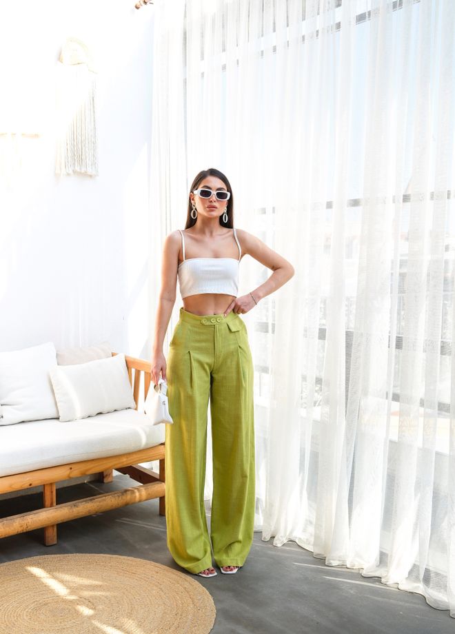 Ouz Fashion Linen Button Detailed Draped Palazzo Pants Wholesale Clothing Casual