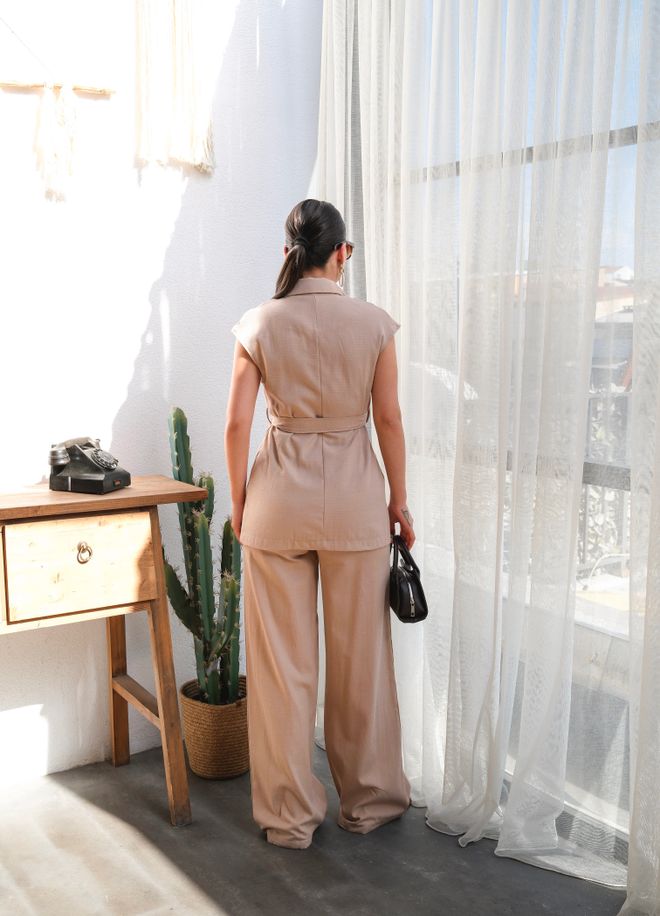 Ouz Fashion Linen Belted Vest And Pants Double Suit Wholesale Clothing Elegant