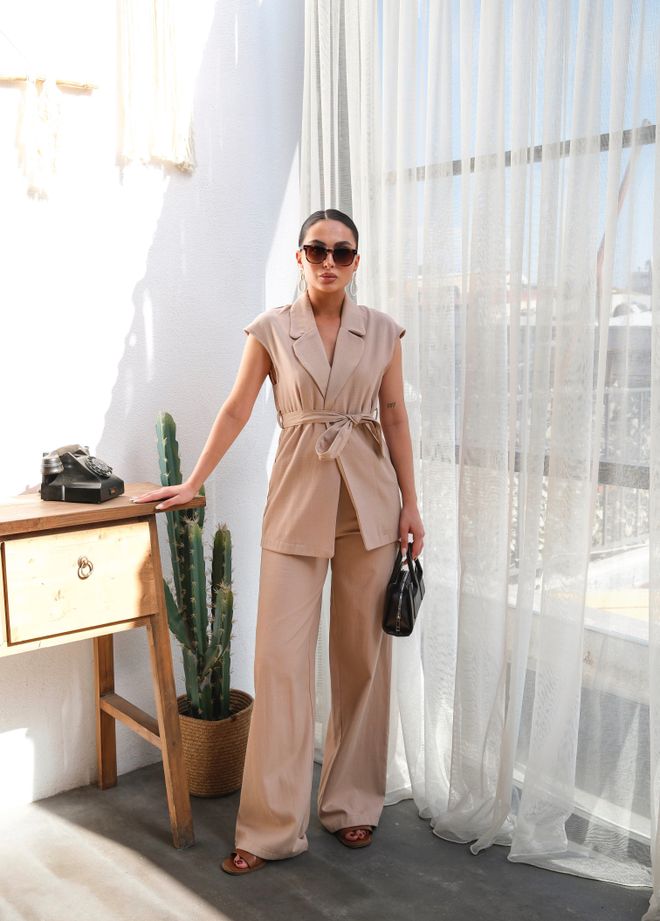 Ouz Fashion Traje Doble De Chaleco Y Pantalones De Lino Con Cinturón Ropa al por mayor Elegante