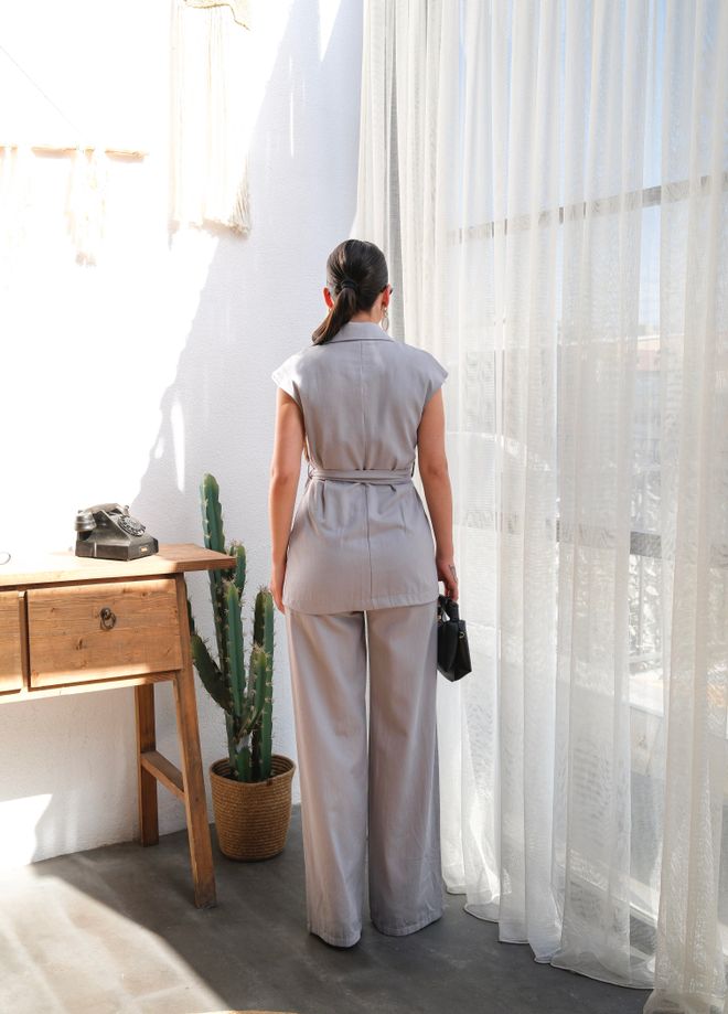 Ouz Fashion Linen Belted Vest And Pants Double Suit Wholesale Clothing Elegant