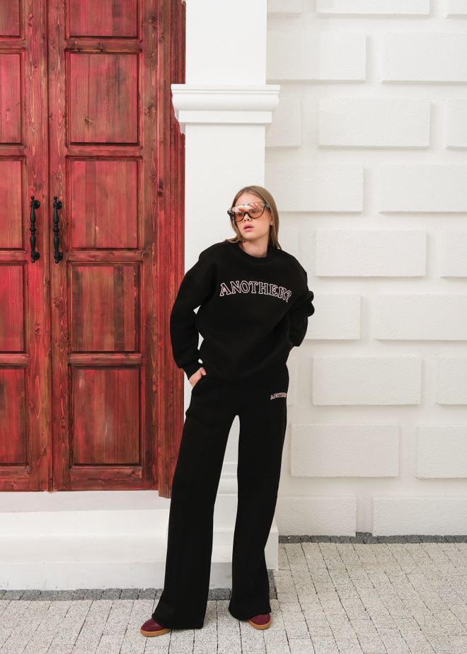Ouz Fashion Μαύρη Αθλητική Φόρμα Με Εκτύπωση Γραμμάτων Και Φαρδιά Παντελόνια Palazzo Χονδρικό εμπόριο ενδυμάτων Casual