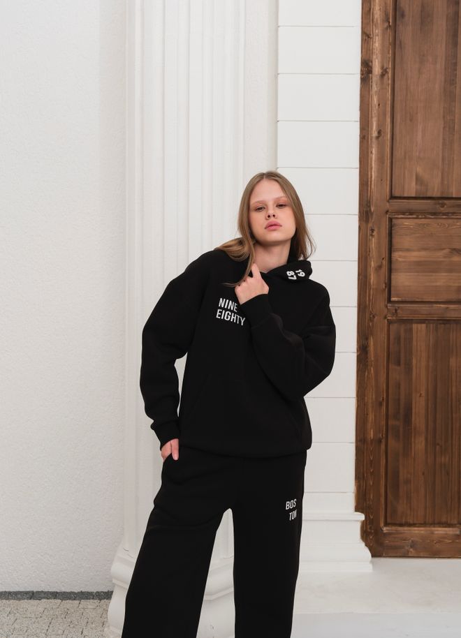 Ouz Fashion Black Tracksuit With Kangaroo Pocket And Hooded Neck Wholesale Clothing 1