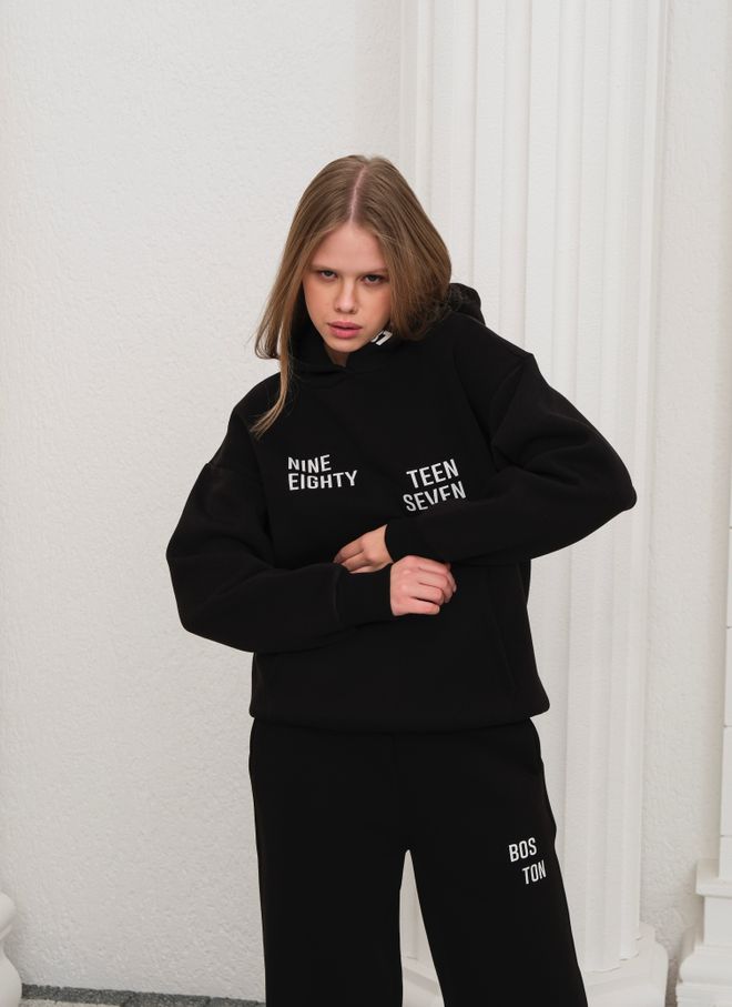 Ouz Fashion Black Tracksuit With Kangaroo Pocket And Hooded Neck Wholesale Clothing Spring