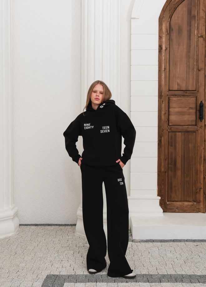 Ouz Fashion Black Tracksuit With Kangaroo Pocket And Hooded Neck Wholesale Clothing Lounge