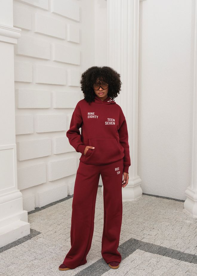 Ouz Fashion Chándal Rojo Clarete Sobredimensionado Con Capucha Y Pantalón Palazzo Ropa al por mayor Casual