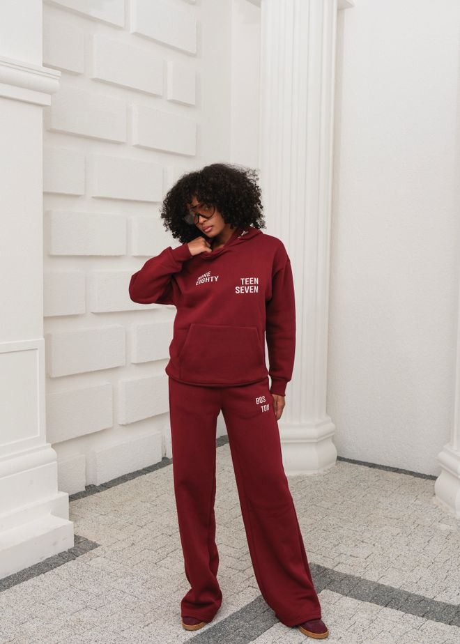Ouz Fashion Claret Red Tracksuit Oversized Fit Hoodie Palazzo Wholesale Clothing Casual