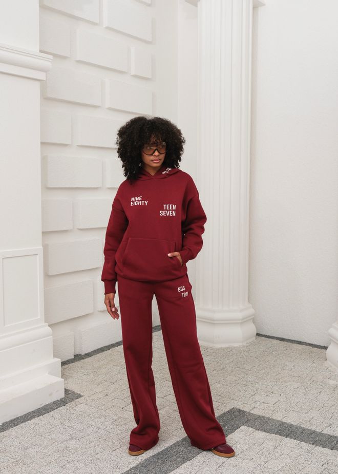 Ouz Fashion Claret Red Tracksuit Oversized Fit Hoodie Palazzo Wholesale Clothing Lounge