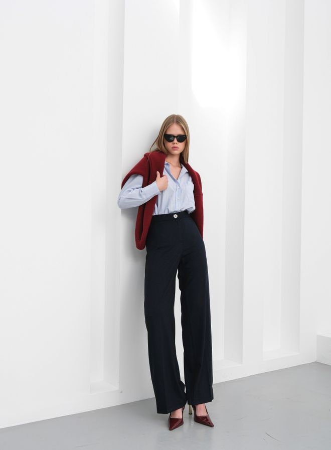Ouz Fashion Palazzo Kelnės Tamsiai Mėlyna Aukštas Liemuo Plati Koja Didmeninė prekyba drabužiais Kokteilinė