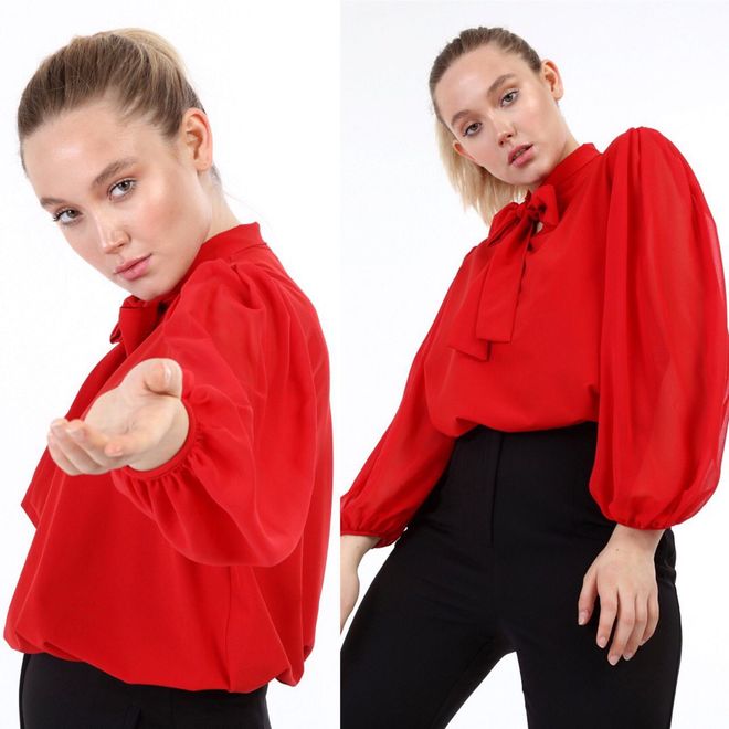 Ouz Fashion Raudoni Eleganti Marškiniai Su Kaklaraiščiu Ir Balioninėmis Rankovėmis Didmeninė prekyba drabužiais Kokteilinė