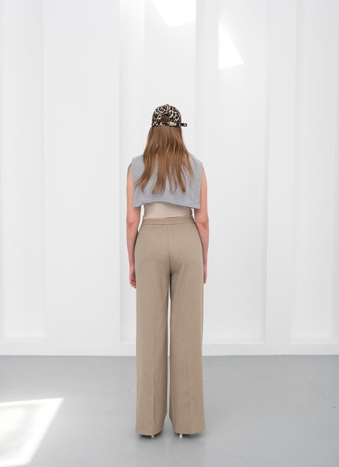 Ouz Fashion Smėlio Spalvos Palazzo Kelnės Su Plačiomis Kojų Ir Užsegimu Sagomis Didmeninė prekyba drabužiais Kokteilinė