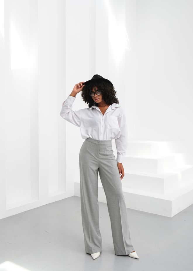 Ouz Fashion Grey Palazzo Pants High Waist Wide Leg Wholesale Clothing Casual