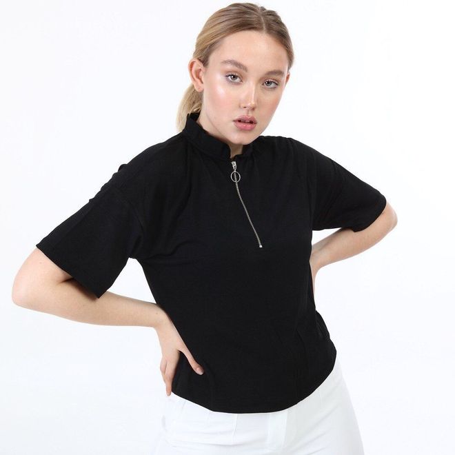 Ouz Fashion Kurzes T Shirt Mit Reißverschluss Großhandelskleidung Lässig