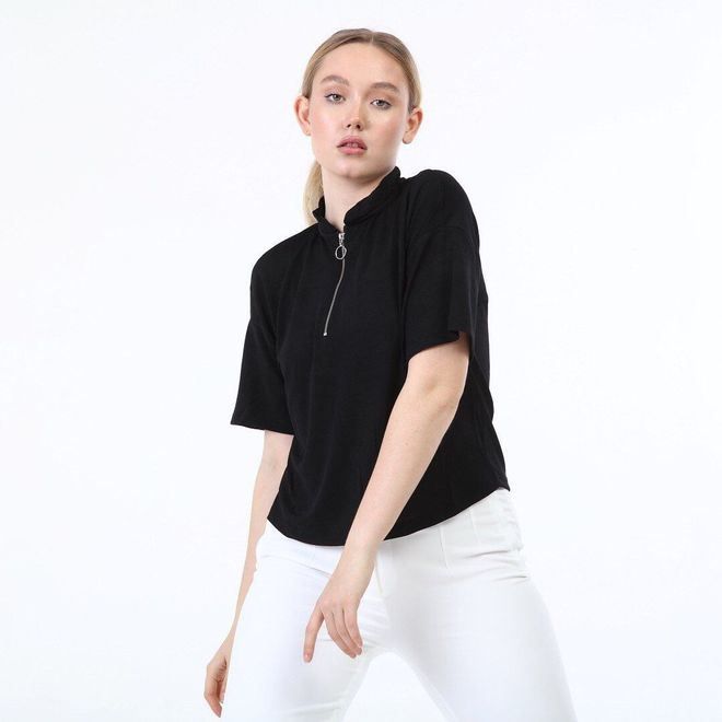 Ouz Fashion Zippered Crop T Shirt Wholesale Clothing Casual