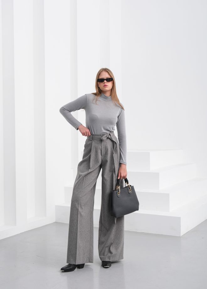 Ouz Fashion Sante Striped Waist Belt Palazzo Pants Wholesale Clothing Formal