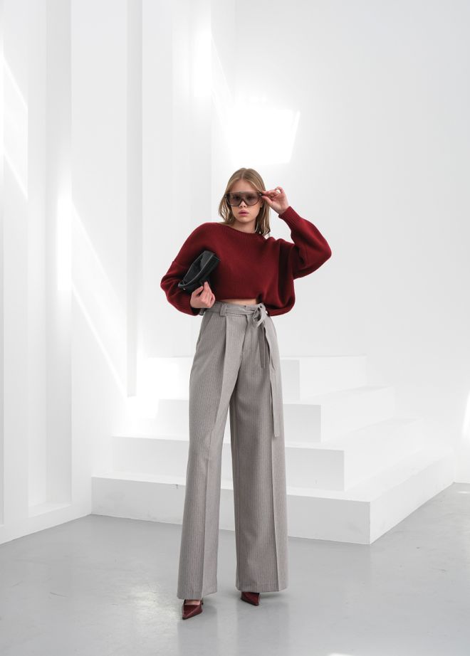 Ouz Fashion Sante Striped Waist Belt Palazzo Pants Wholesale Clothing Formal