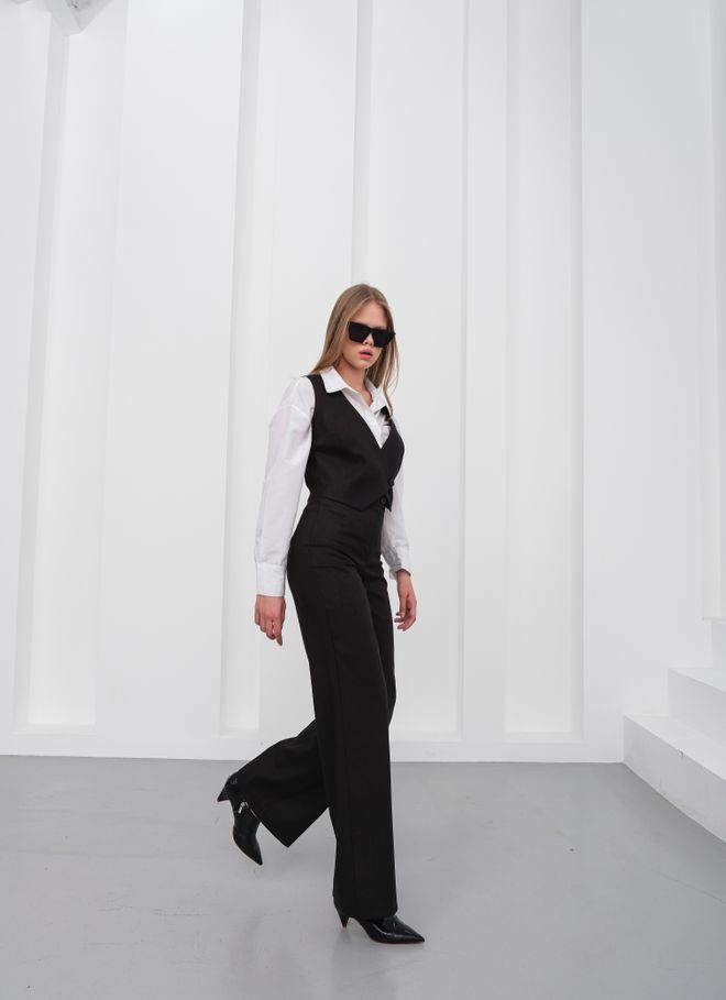 Ouz Fashion Linen Double Breasted Collar One Button Vest Pants Set Black Wholesale Clothing Formal