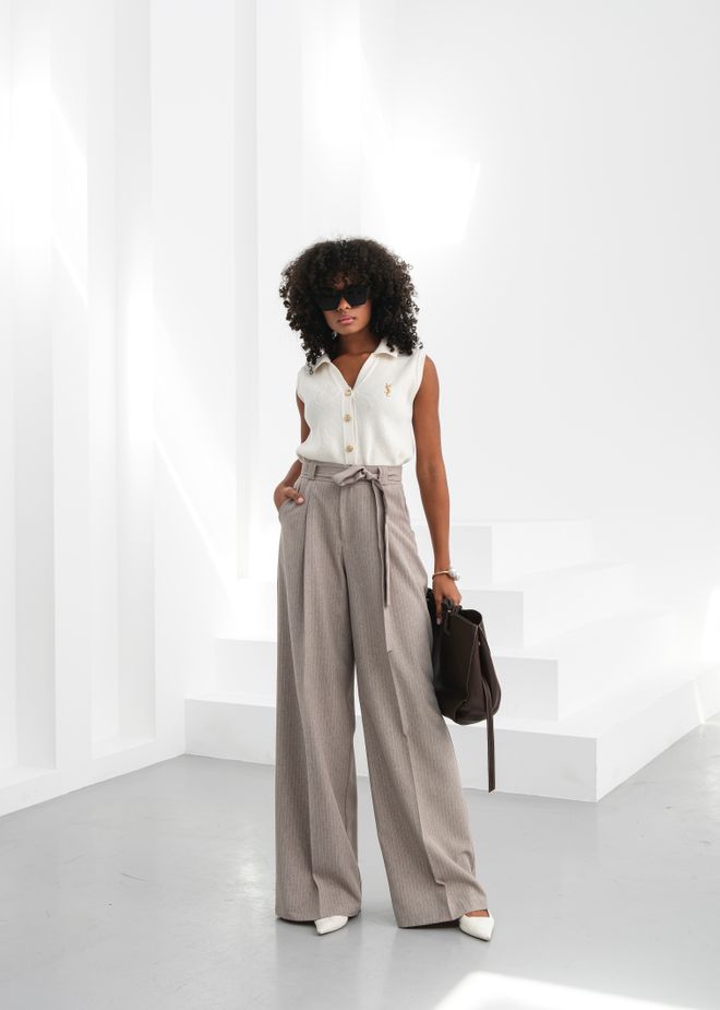 Ouz Fashion Striped Waist Belt Palazzo Pants Stone Wholesale Clothing Formal