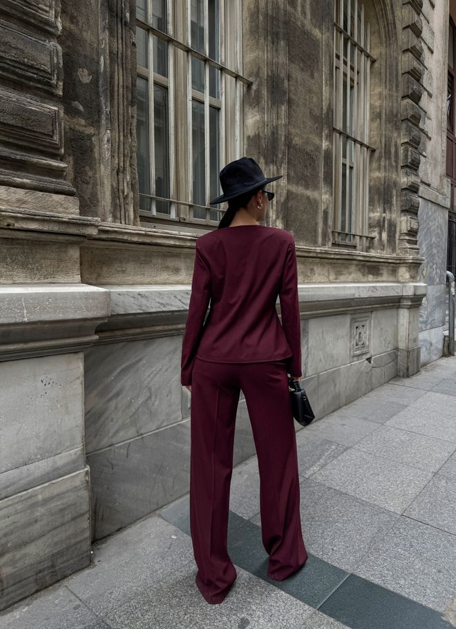 Ouz Fashion Asymmetric Buttoned Wadded Jacket Trousers Set Burgundy Wholesale Clothing Elegant