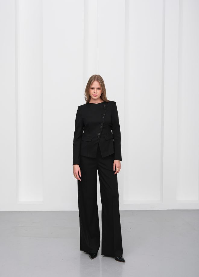 Ouz Fashion Asimetrinių Sagomis Vatinių Švarkų Kelnių Komplektas Juodas Didmeninė prekyba drabužiais Aptempta ir platėjanti