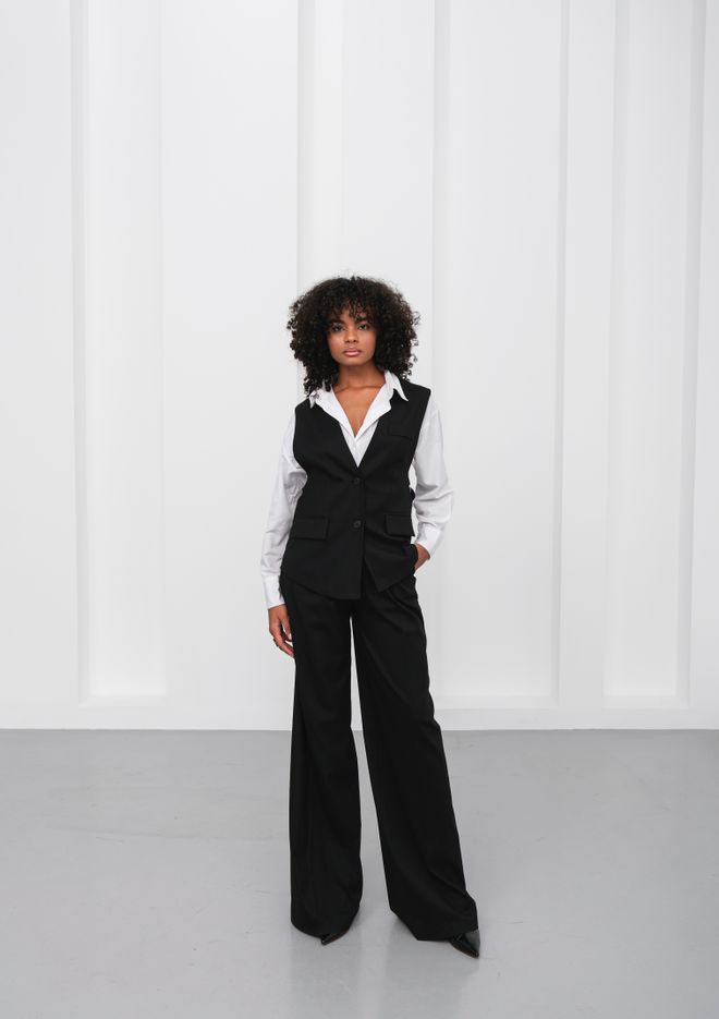 Ouz Fashion Poly Viscose Back Button And Belt Detailed Vest Pants Set Black Wholesale Clothing Elegant