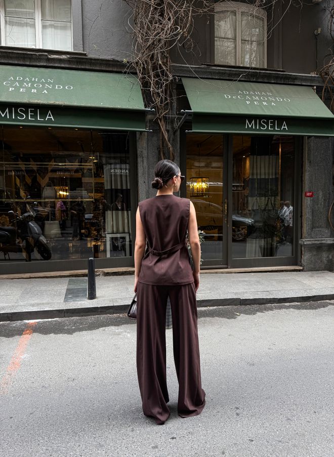 Ouz Fashion Poly Viscose Back Button And Belt Detailed Vest Pants Suit Brown Wholesale Clothing Elegant