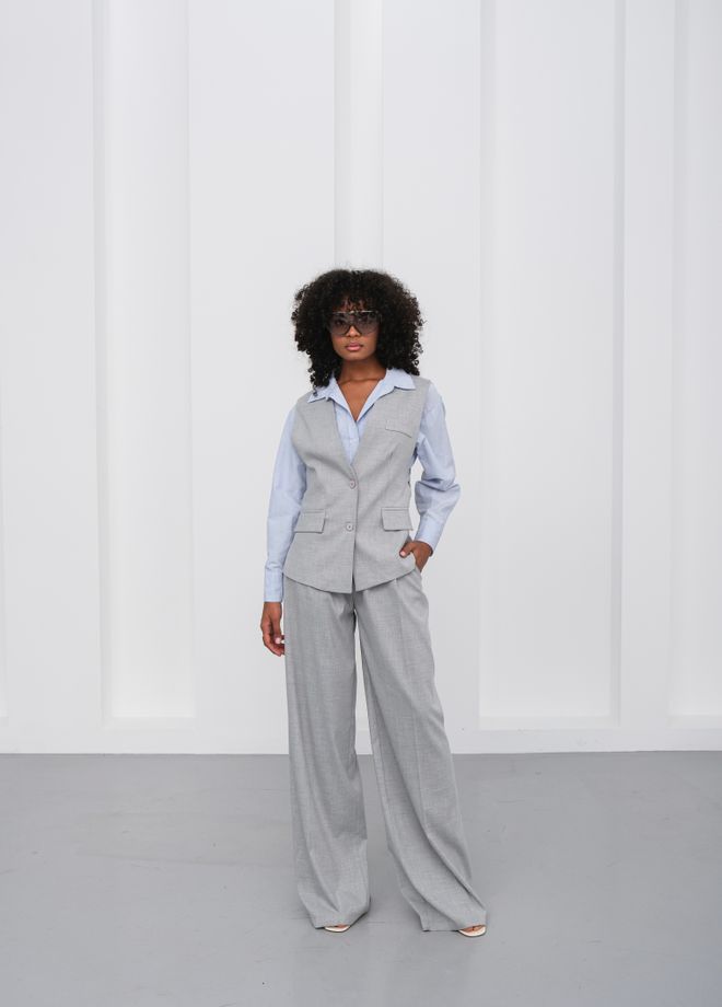 Ouz Fashion Poly Viscose Back Button And Belt Detailed Vest Pants Suit Grey Wholesale Clothing Elegant