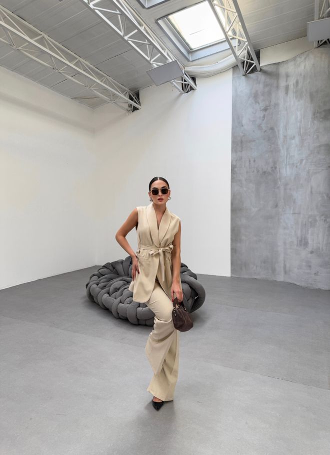 Ouz Fashion Liemenės Kelnių Dvigubas Komplektas Smėlio Spalvos Didmeninė prekyba drabužiais Išleistuvės