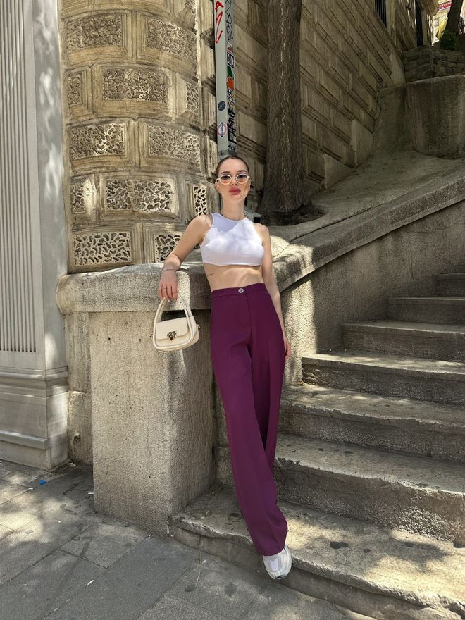 Ouz Fashion Calça Palazzo Metal Botão Cintura Alta Roupas por atacado Casual